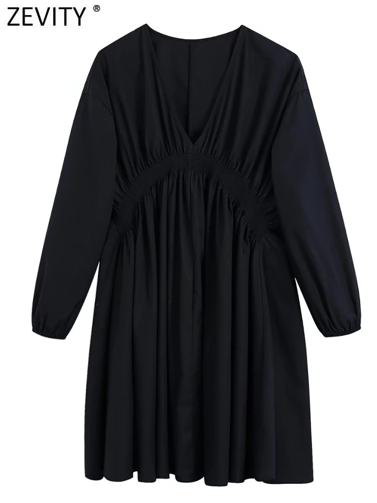

ZEVITY Women Fashion V Neck Elastic Pleat Black Poplin Mini Dress Female Chic Three Quarter Sleeve Loose Vestidos DS9356