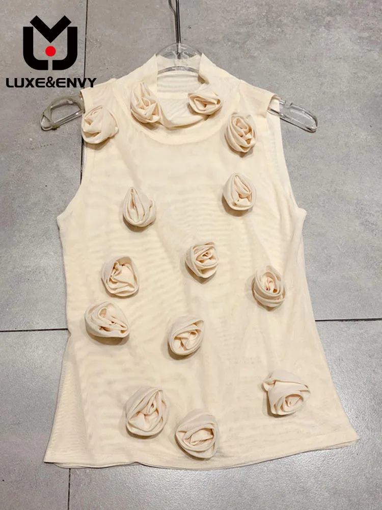 

LUXE&ENVY Line Style Standing Collar Micro Transparent Mesh Work Three-dimensional Flower Vest Sleeveless Women 2023 Summer