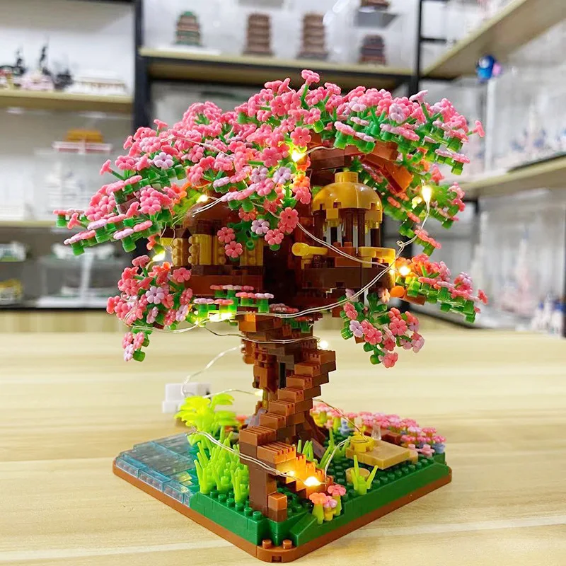 

Mini Sakura Tree House Decorative with Light Building Blocks City Street View Bricks Toys for Decoration Children Birthday Gift