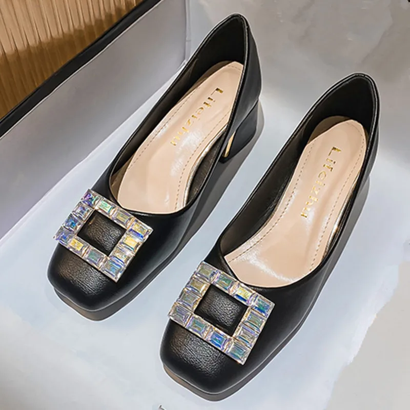 

Plus Size 43 Women Mid Chunky Heel Pumps Square Toe Bling Diamond Crystal Buckle Office Lady Leahter Shoes Slip on Fashion Shoes