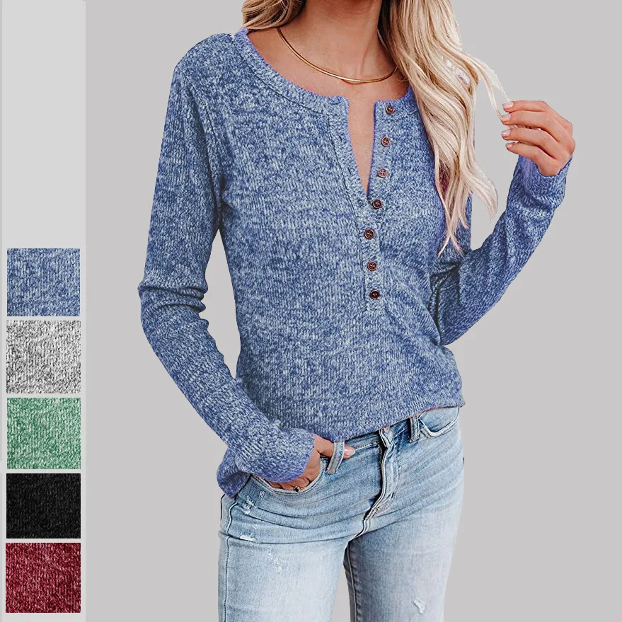 

2022 spring and summer new round neck T-shirt women's chest button casual top
