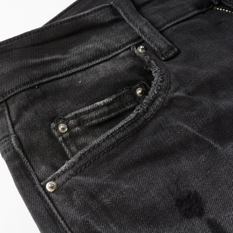 Streetwear Fashion Men Jeans Retro Black Gray Destroyed Slim Fit Hole Ripped Jeans Men Patch Designer Hip Hop Brand Pants Hombre