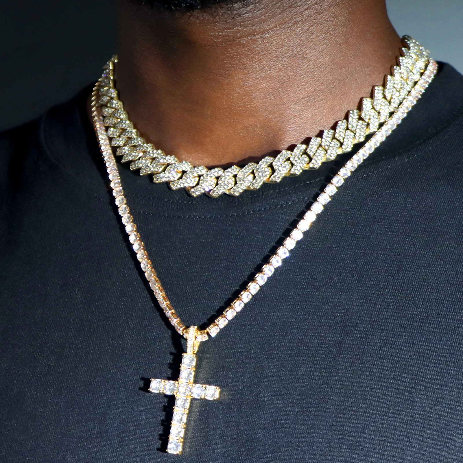 

Punk Hip Hop 14MM Cuban Chain Cross Tennis Necklace For Men Women Iced Out 2 Row Prong Cuban Link Choker Necklaces Gifts Jewelry