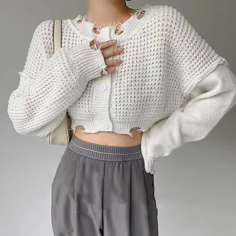 Женский винтажный кардиган оверсайз серый трикотажный однотонный с длинными