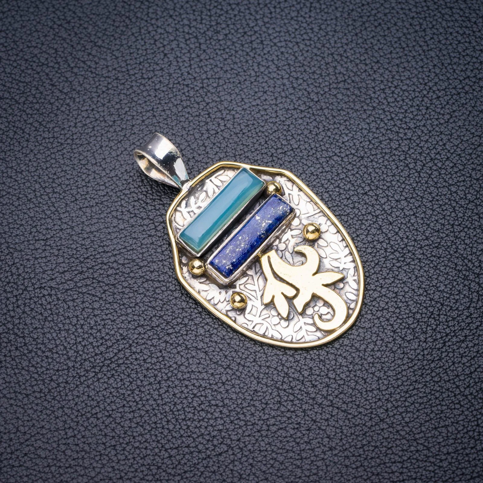 

StarGems Natural Lapis Lazuli Chalcedony Two Tones Handmade 925 Sterling Silver Pendant 1.75" E4796
