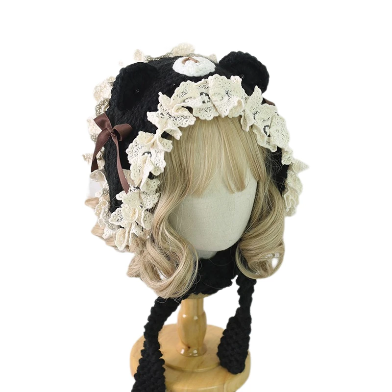 Вязаная шапка ручной работы для женщин и девочек Лолита кошачьи ушки кружевная