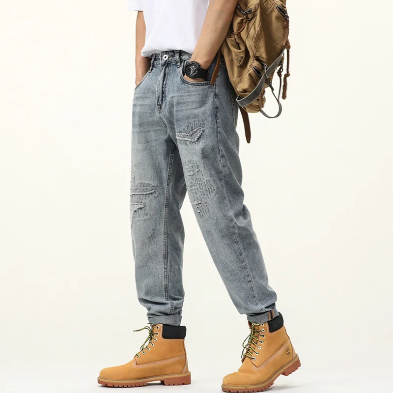 Men Clothing New Pattern Broken Patch Recreational Vintage Blue Jeans Straight Cylinder Large Loose Haren Pants Autumn Female