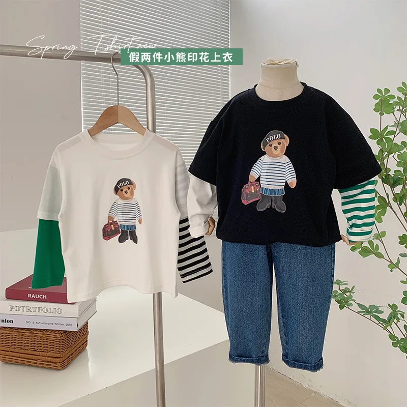 

2023 Early Spring New Children's Clothing Korean Cartoon Bear T-shirt Boys Spring and Autumn Fake Two-Piece Base