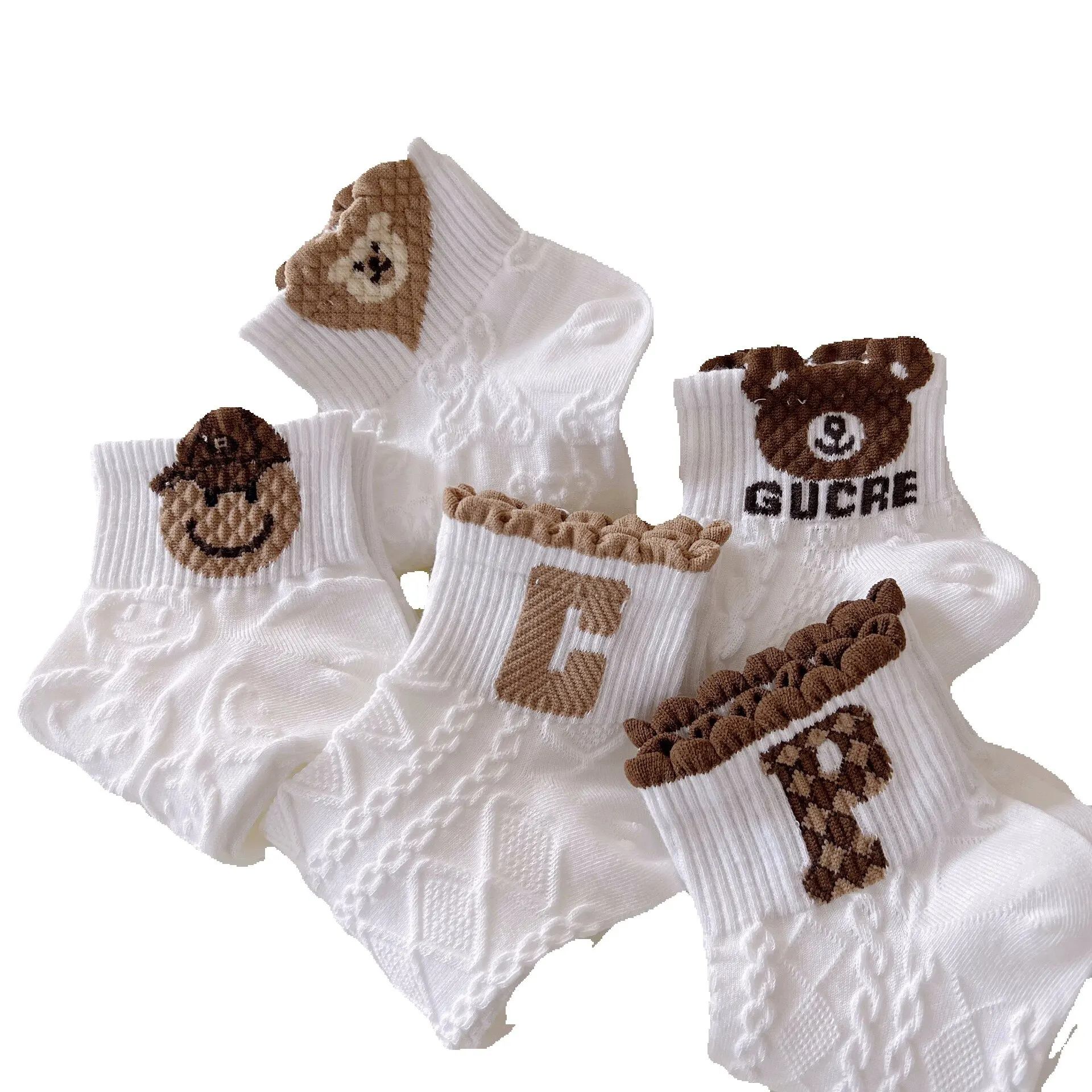 5 pairs of spring and summer women thin three-dimensional cartoon bear cotton sports boat socks low-side shallow mouth