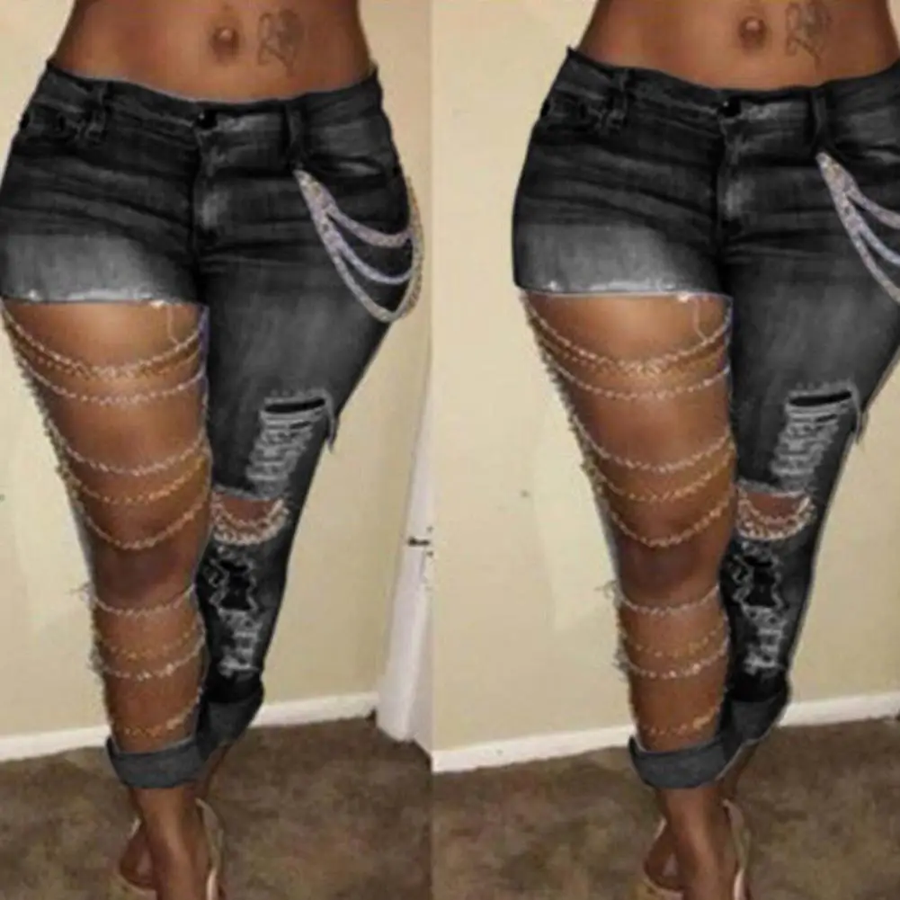 

Soft Women Exaggerated Ripped Holes Skinny Jeans Pants for Shopping