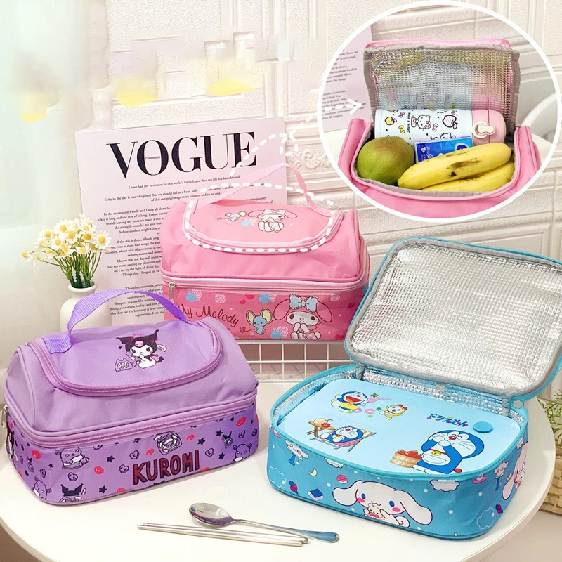 28CM Kawaii Sanrioed Cinnamoroll Kuromi Cartoon Double Insulation Lunch Box Bag Hello Kittys My Melody Cute Portable Lunch Bag