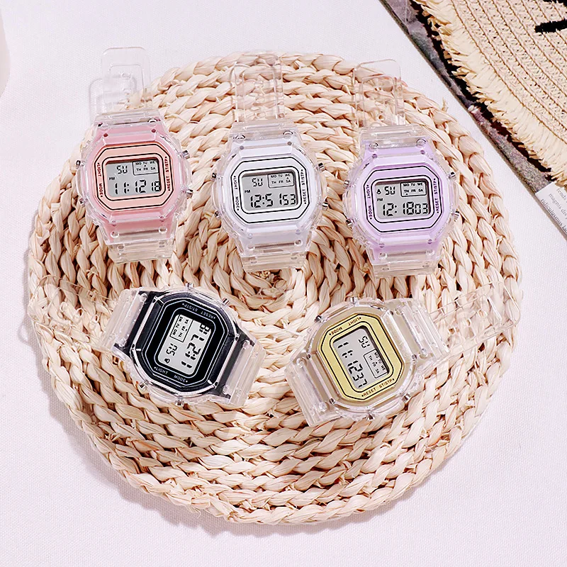 

Sanrios Anime Cartoon Electronic Watch Kawaii Sport Waterproof Multi-Functional Transparent Small Square Led Student Alarm Clock