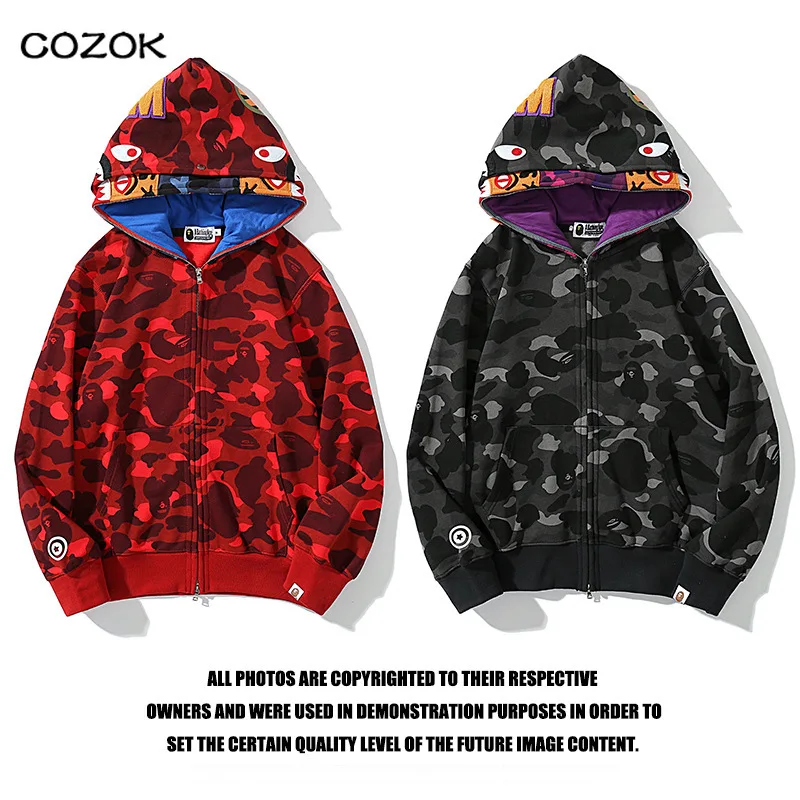 

Laminated hood double cap zipper cardigan fleece Bape Shark Stitched Layered Hood Double Hood Zip Hooded Cardigan Sweatshirt