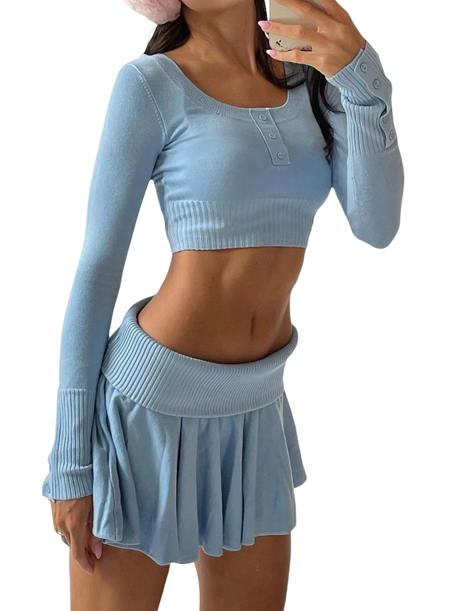 

Women s 2 Piece Skirt Sets Long Sleeve Crew Neck Button Front Knit Crop Tops Blue Pleated Skirt Summerwear
