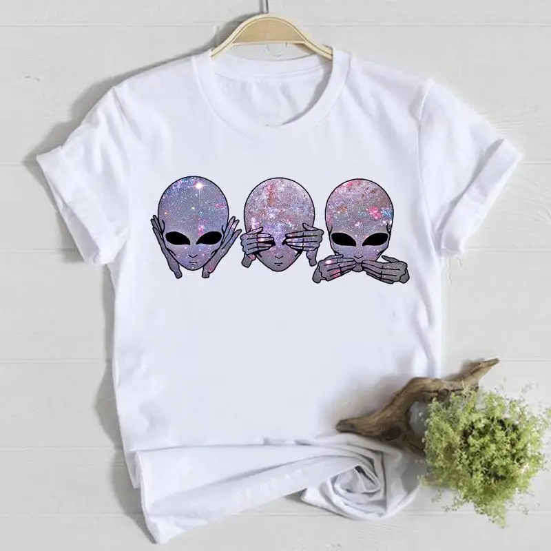 

Summer Short Sleeve Alien Face Funny Cute Casual Tee Top Clothes Fashion Shirt Lady Tshirt Female T Women Graphic T-shirts