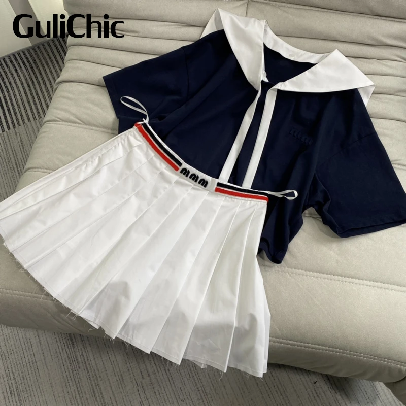 

5.21 GuliChic Women Contrast Color Detachable Sailor Collar Short Loose T-Shirt Or Letter Embroidery Pleated Skirt Set