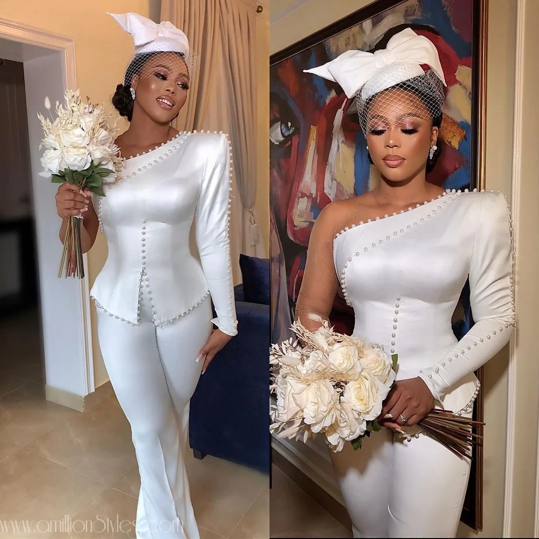 

Elegant Aso Ebie Jumpsuit Prom Dresses 2022 Sexy One Shoulder Black Girls Evening Dress With Pearls Chic Formal Robe De Mariée