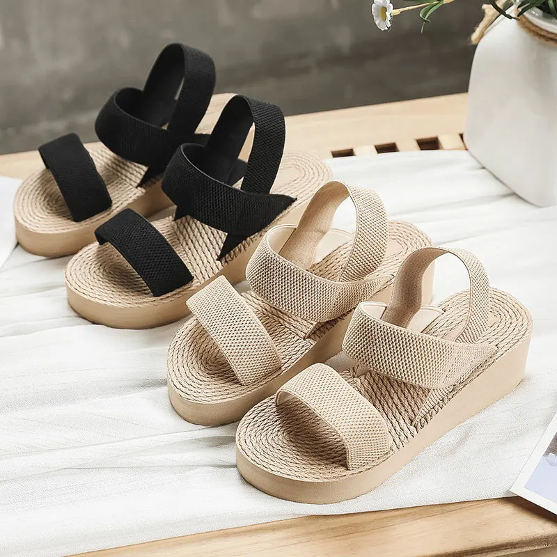 Outerwear Fashion 2022 Summer New Non-slip Wedge Sandals Women Elastic Straps Thick Bottom Open Toe Fashion Casual Sandals Women