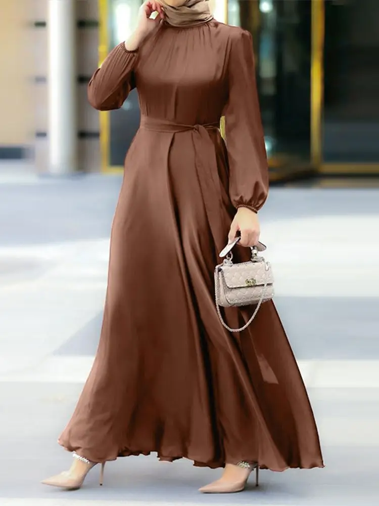 Women's Muslim Party Solid Satin Maxi Dress 2022 Spring Chic Elegant Puff Sleeve Robe Casual Holiday Swing Kaftan OL Dubai Abaya