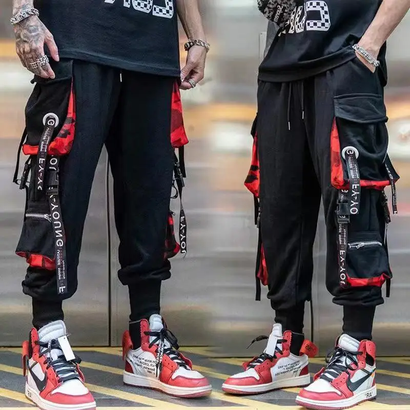 Classic Streetwear Hip Hop Joggers Men Letter Ribbons Cargo Pants Pockets Track Tactical Casual Male Trousers Sweatpant KZ99