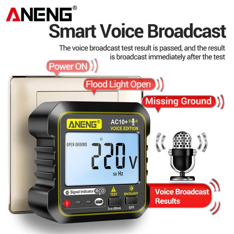 

ANENG AC10+ US EU Plug Socket Tester Plug Voltage Detector Voice Broadcast Zero Line Plug Polarity Phase Check Phase Detecter