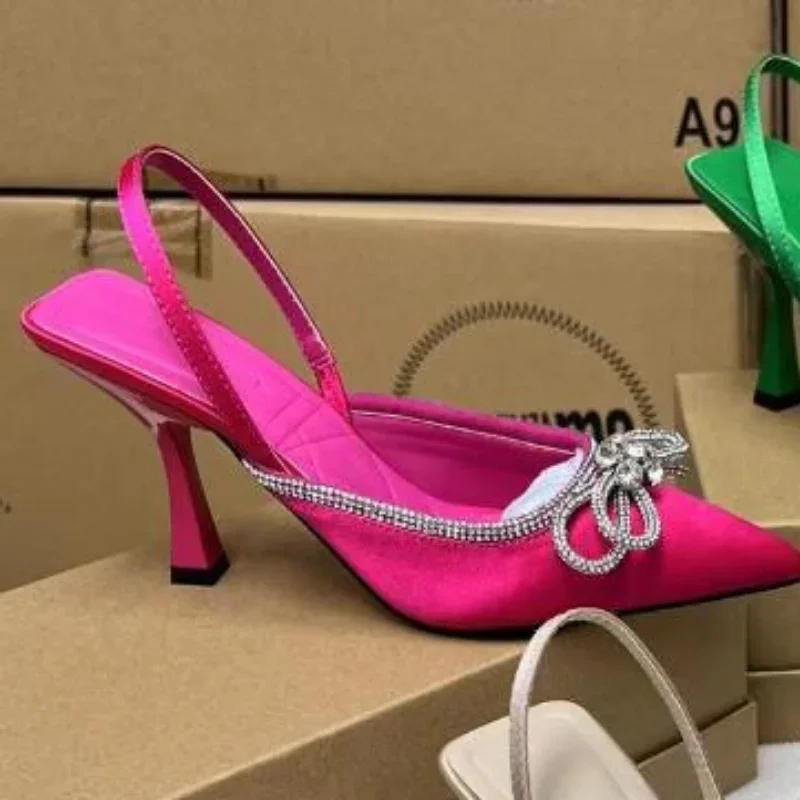 Элегантные туфли на высоком каблуке для женщин летние с бантом и бриллиантами