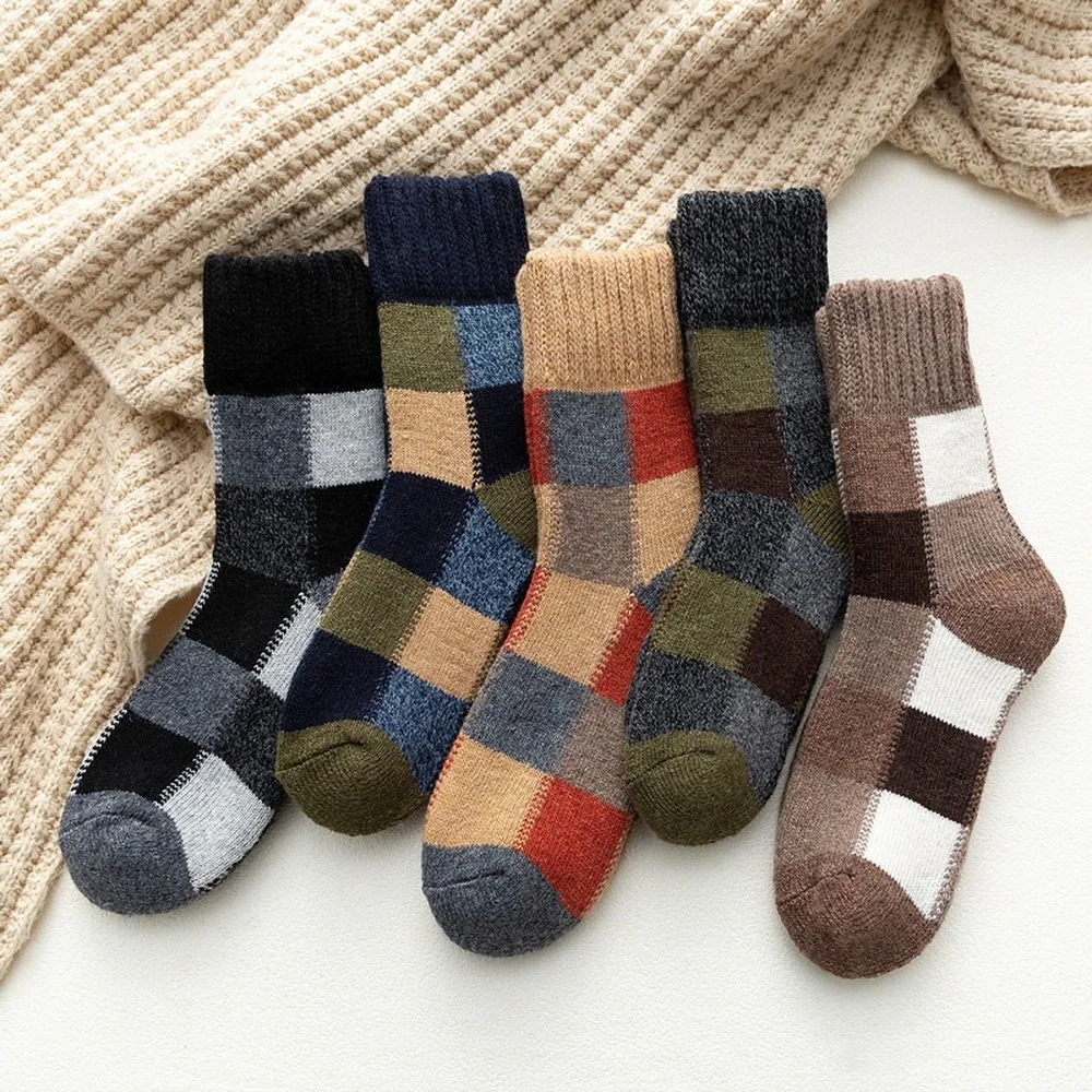 5 Pairs Winter New Thickened Men's Terry Rabbit Wool Socks Breathable Warm Ethnic Style Grid Casual Men Socks