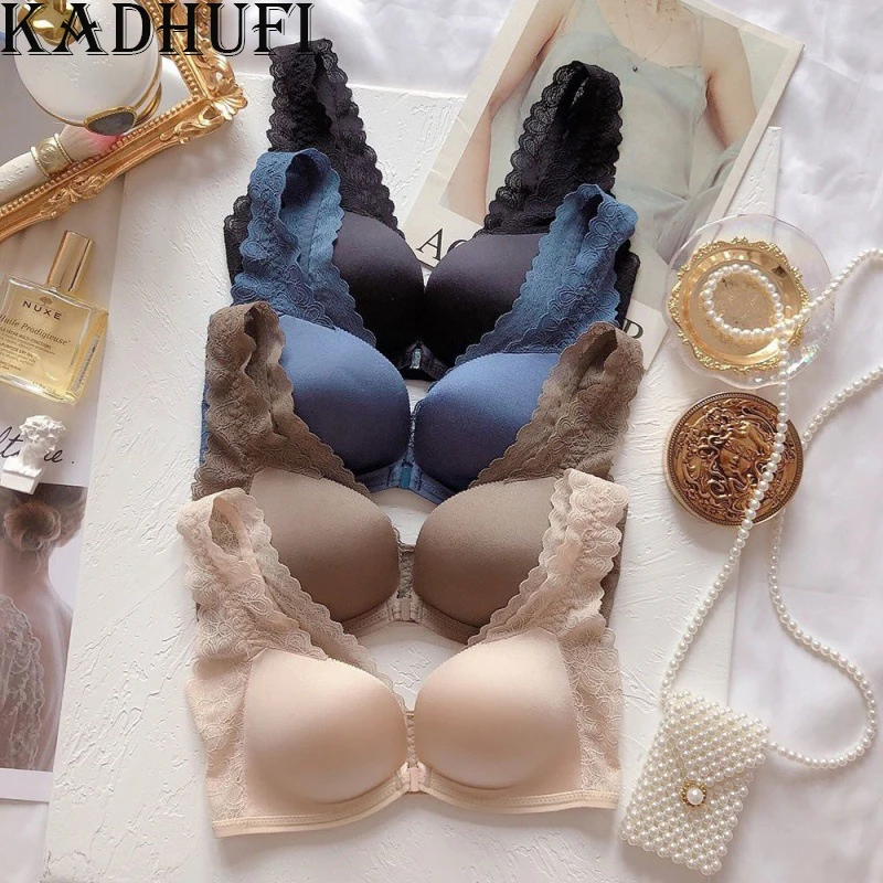 

KADHUFI Wide Lace Belt Front Closure Bras Women Sexy Wire Free Seamless Push-up Top Bras Temptation Gathered Solid Lingerie