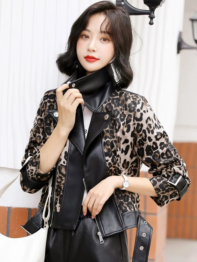 New Women Leather Jacket Spring Autumn 2022 Classic Leopard Zipper Biker Coat Loose Short Sheepskin Jacket Female Outerwear