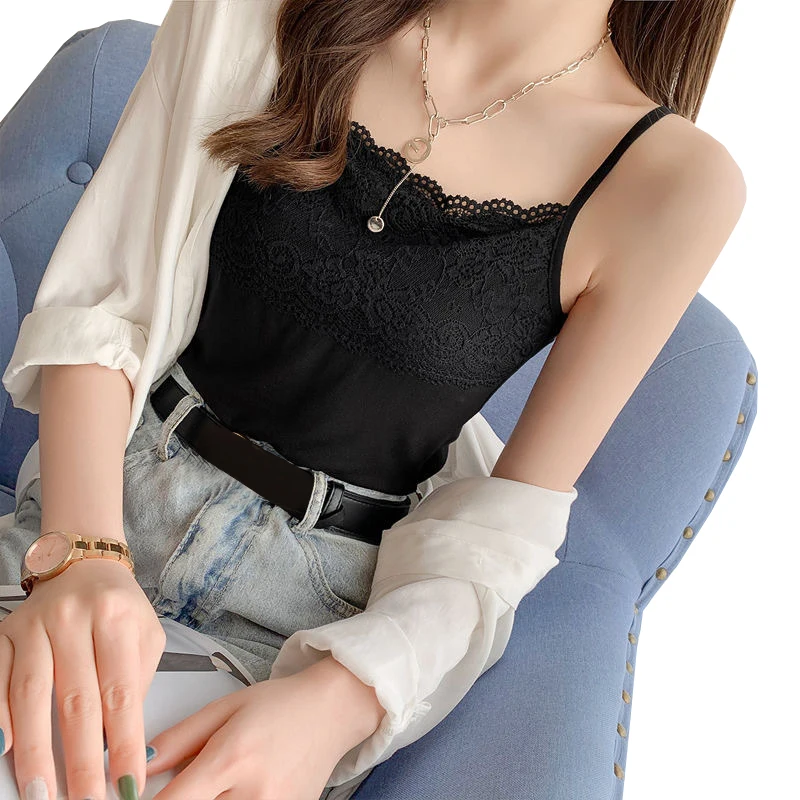

Ladies Plain Cotton Vest Lace Casual Tank Tops Spaghetti Strap Square Neck Sexy Basic Tops Summer Wear Inside Skin-Friendly Top