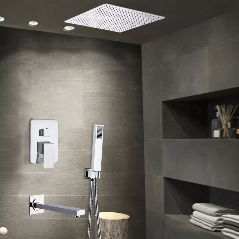 

Polished Chrome 16 inch Big Rain Shower Faucet Single Handle Concealed Bath Shower Set with Handshower Brass Spout Wall Mounted