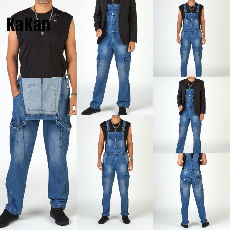 Kakan - European and American New Street Trendsetter Multi Pocket Men's Suspender Jeans, Blue Suspender Jumpsuit Jeans K34-667