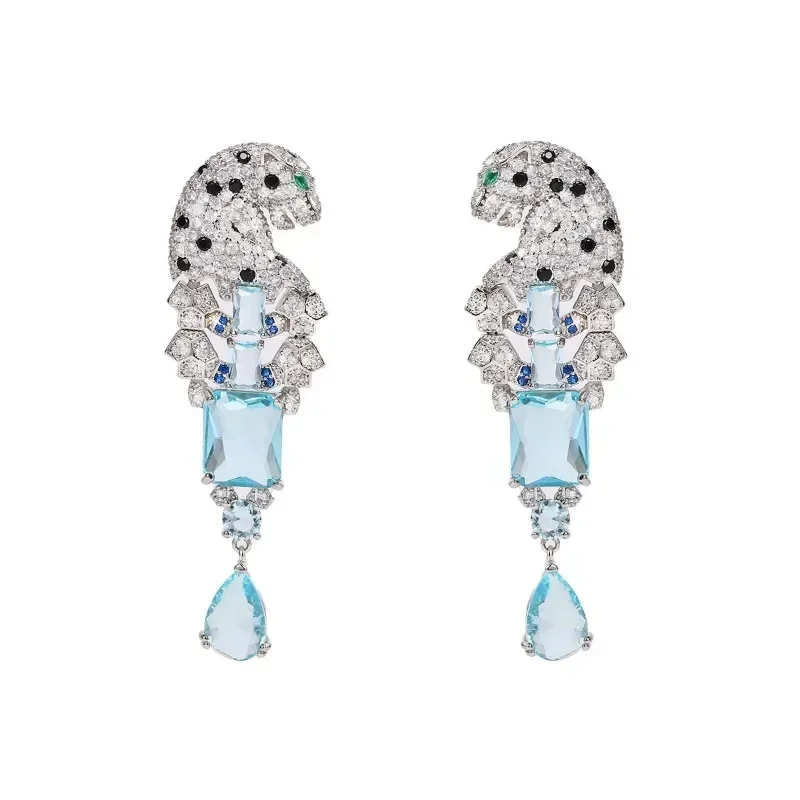 Full CZ Zircon Leopard Waterdrop Earrings Green Eyes Square Crystal 925 Needle Panther Animal for Women Party Gift