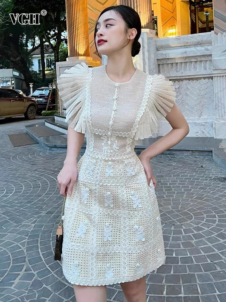 

VGH Summer Fashion Mini Dress For Women Round Neck Flying Sleeve Patchwork Knitted High Waist Dresses Female 2022 Clothing Style