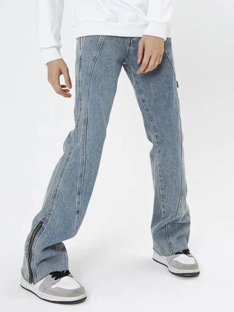 Retro Blue Flared Jeans Men's Baggy Pants Street Clothing Loose Jeans Stitching Design Casual Denim Trousers Y2k Men’s Jeans