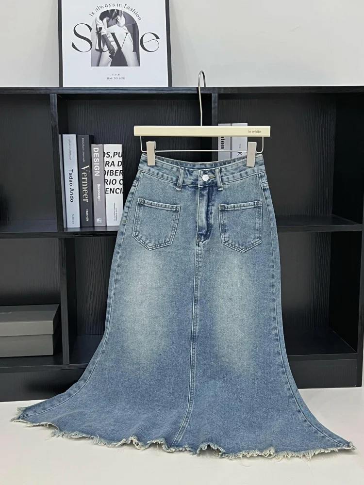 

Женская джинсовая юбка с оборками, элегантная длинная юбка с высокой талией, юбка-годе в Корейском стиле, милая летняя одежда