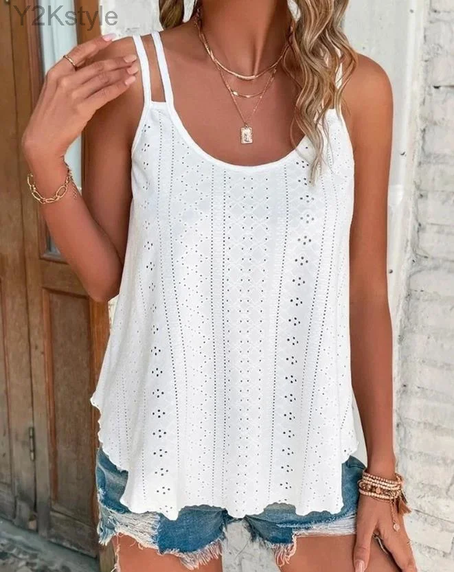 

New Fashion 2023 Casual Summer Sleeveless Double Strap Eyelet Embroidery Tank Top Female Clothing T-Shirts Pullover Tops