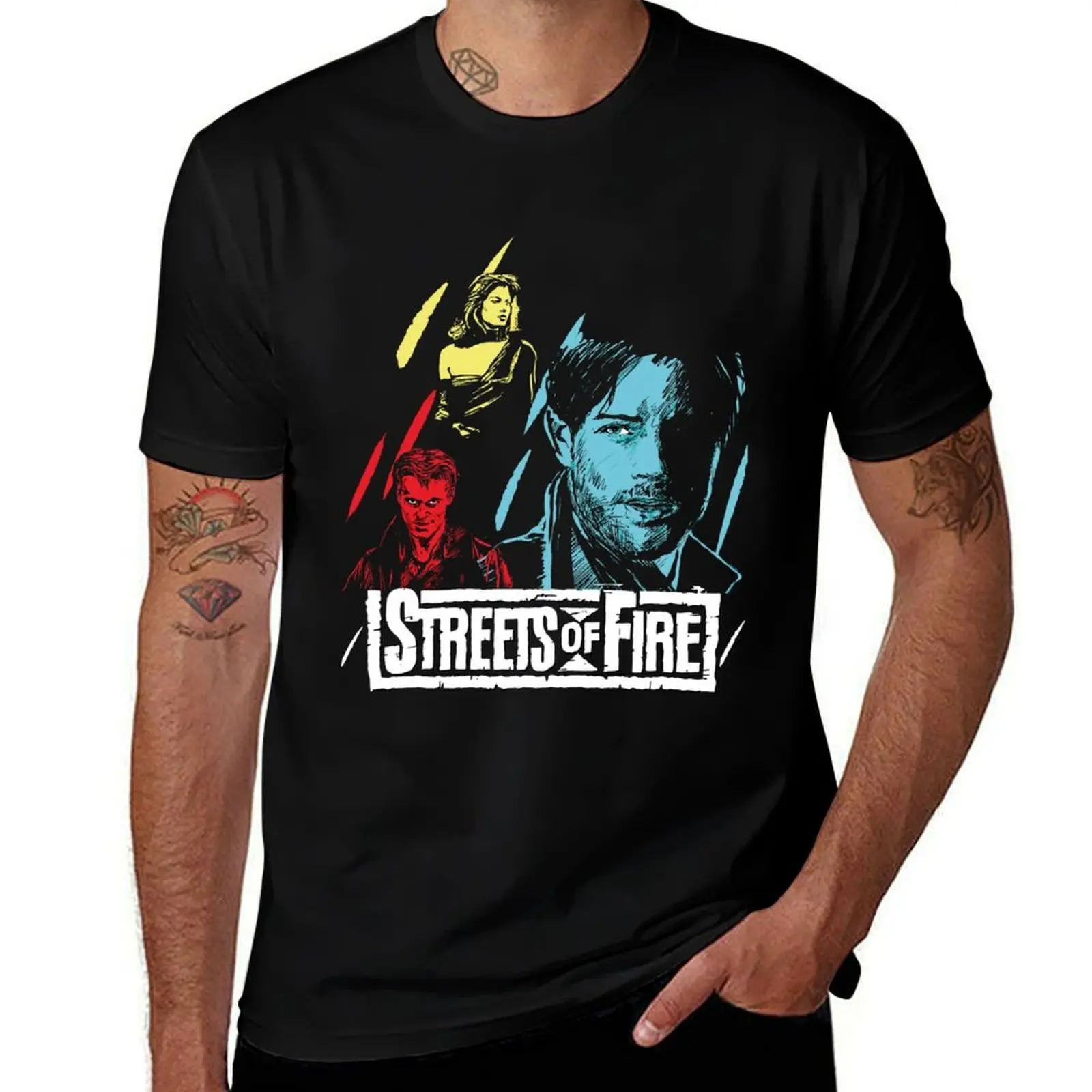 Фото Футболка с векторной иллюстрацией STREETS OF FIRE - STREET OF FIRE - VECTOR ILLUSTRATION, повседневная рабочая футболка №1