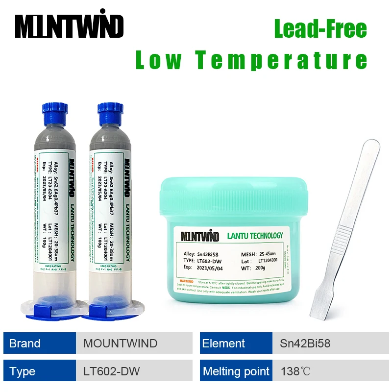 

MOUNTWIND Tin Solder Paste Lead-Free Low Temperature Sn42Bi58 Melting Point 138℃ Flux For Soldering BGA Repair PCB LED SMT SMD