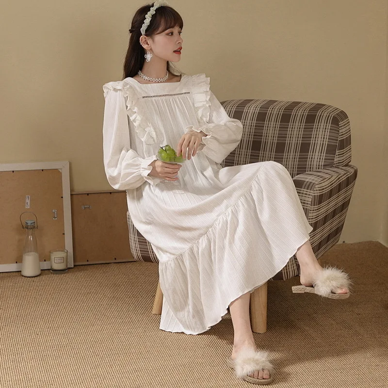 New Lace Women Nightgown Sleepwear Spring Nightwear Cotton Long Sleeved Night Dress Cute Cartoon Kawaii Pajama Young Gril Pijama