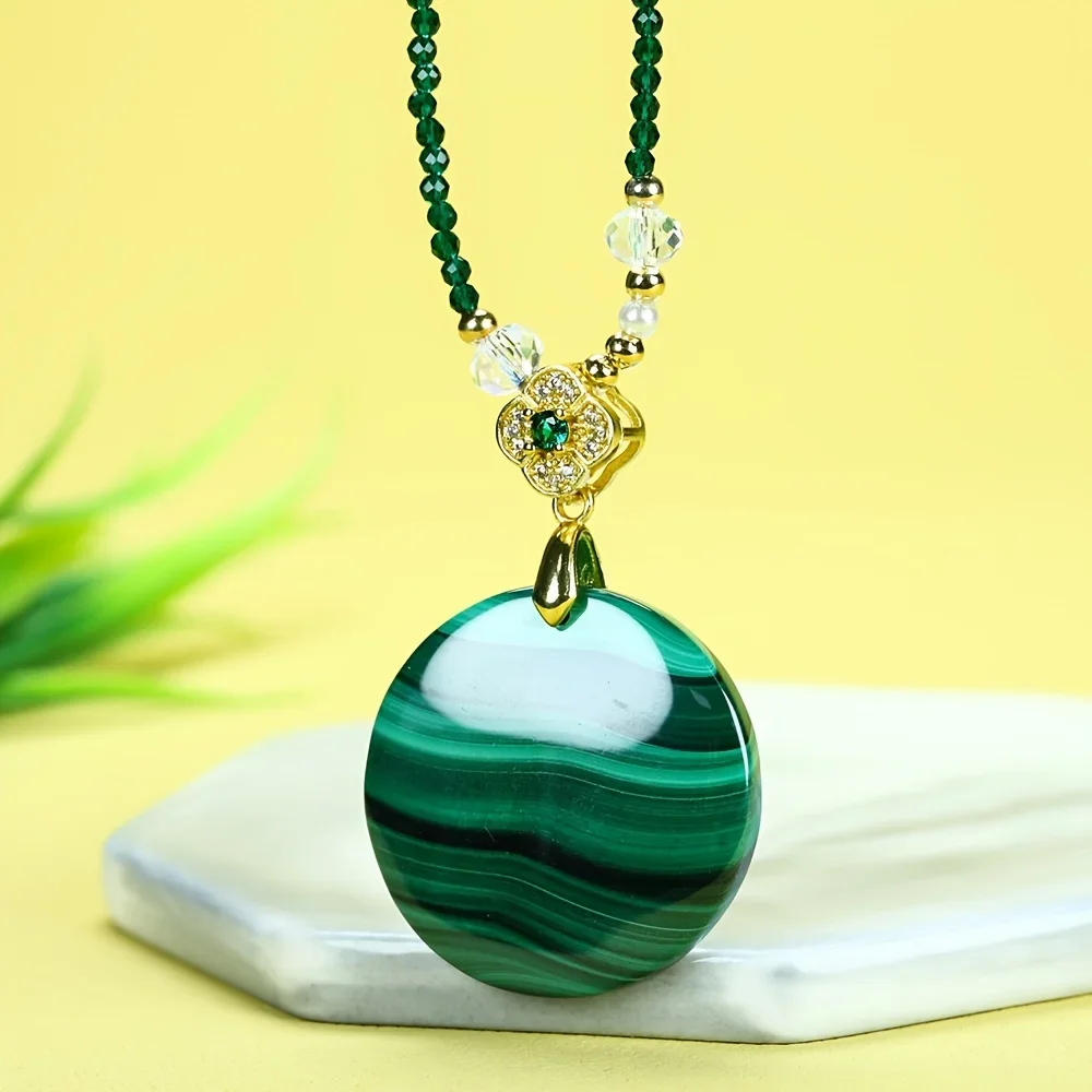 Elegant malachite green pendant necklace with embellishment and round design - unplated double-sided