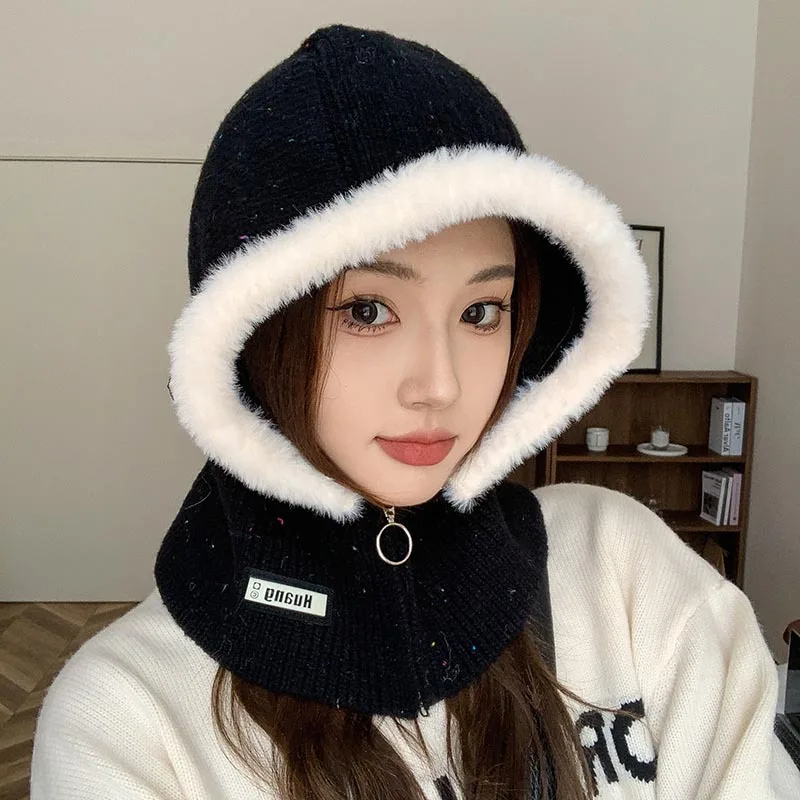 Korean Series Balaclava Women Autumn and Winter Warm Hat Scarf Integrated Earmuff Knitted Woolen Cap Tide