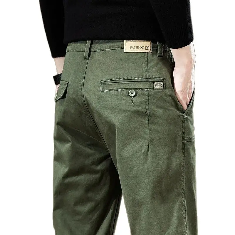 

2023 New High Quality Cargo Casual Pants Men 97%Cotton Work Wear Korean Wide Jogger Khaki Green Brand Outdoors Trousers Male