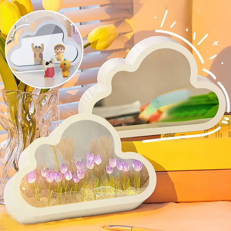 

DIY LED Small Night Light Cloud Tulip Mirror Girl Bedroom Ornaments Handmade Birthday Gifts Living Room Desktop Photo Frame