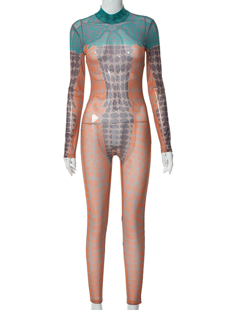 Ladies Mesh See Through Sexy Club Wear Y2K Clothes Tie Dye Print Long Sleeve Bodycon Jumpsuit For Women Sporty Streetwear Romper