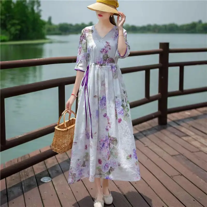 

Literary Printed Cotton and Linen Dress Women's Summer New Fashion Light and Mature Bohemian Style Mid-length Half Sleeve dress