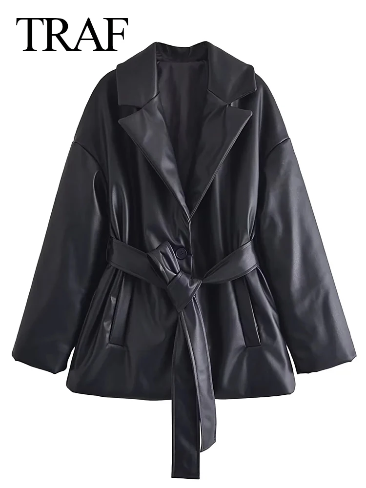 

TRAF Black Thick Leather Single Button Street Style Lady Jacket Fashion Lapel Belt Waist Slim Warm Women's Clothing Jacket