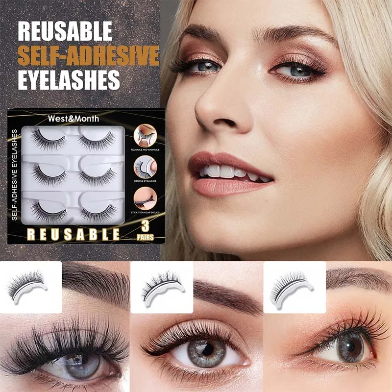

3 Pairs Self-adhesive Smooth False Eyelashes profession Reusable Self-Adhesive Natural Curly Eyelashes Self Adhesive Eye lashes