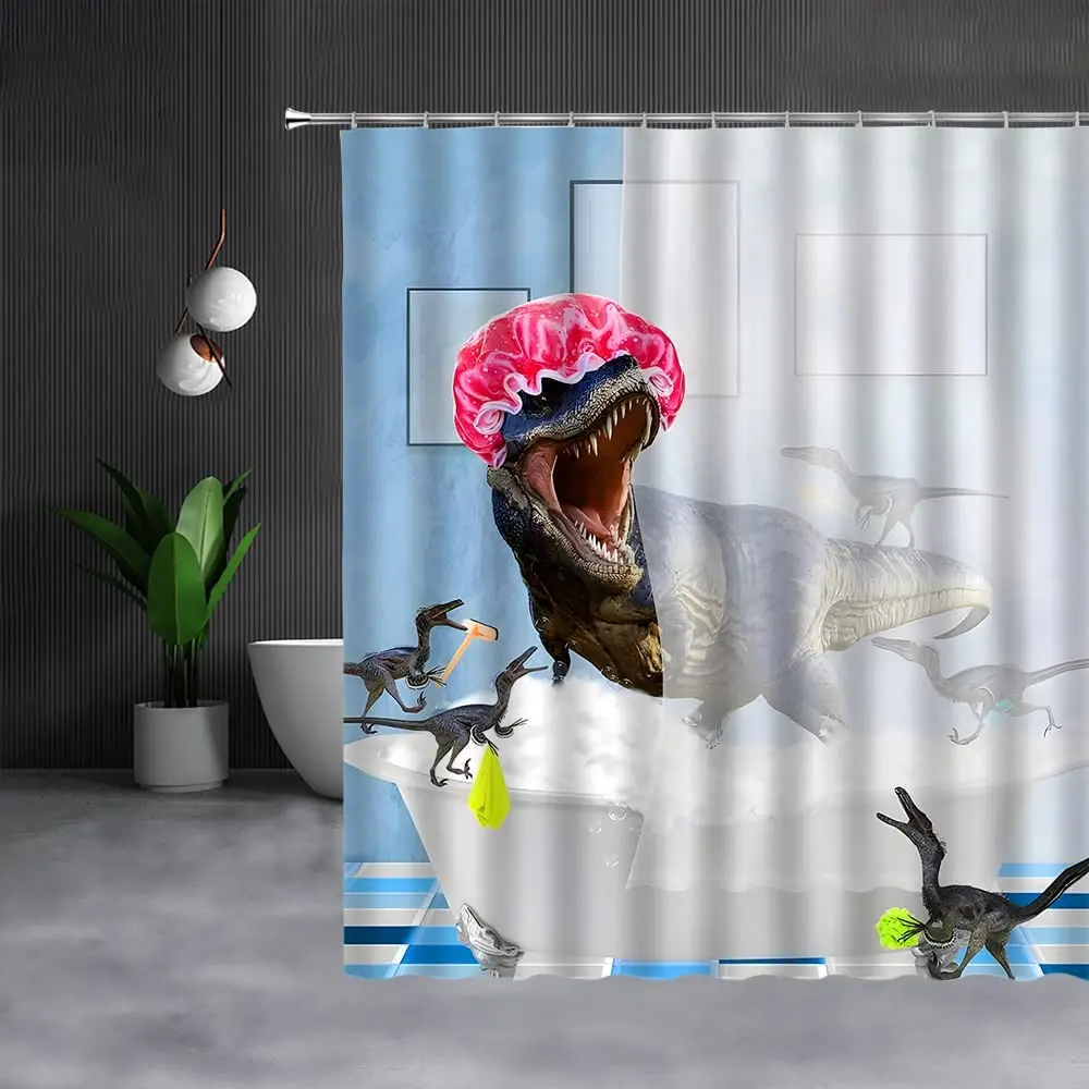 

Funny Dinosaur Shower Curtain Kid Cute Cartoon Children Animal Raptor Girl Boy White Blue Fabric Bathroom Curtains with Hooks
