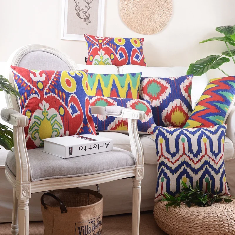 

Льняная наволочка для подушки, домашняя декоративная наволочка икат, красочная абстрактная Геометрическая красная синяя Подушка, искусственная подушка 45 см * 45 см